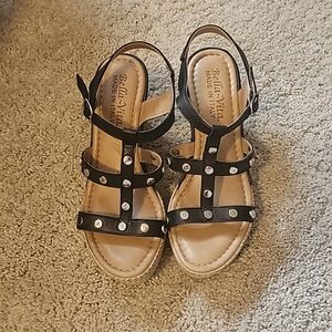 Bella~Vita black leather studded platform wedge sandals sz7.5